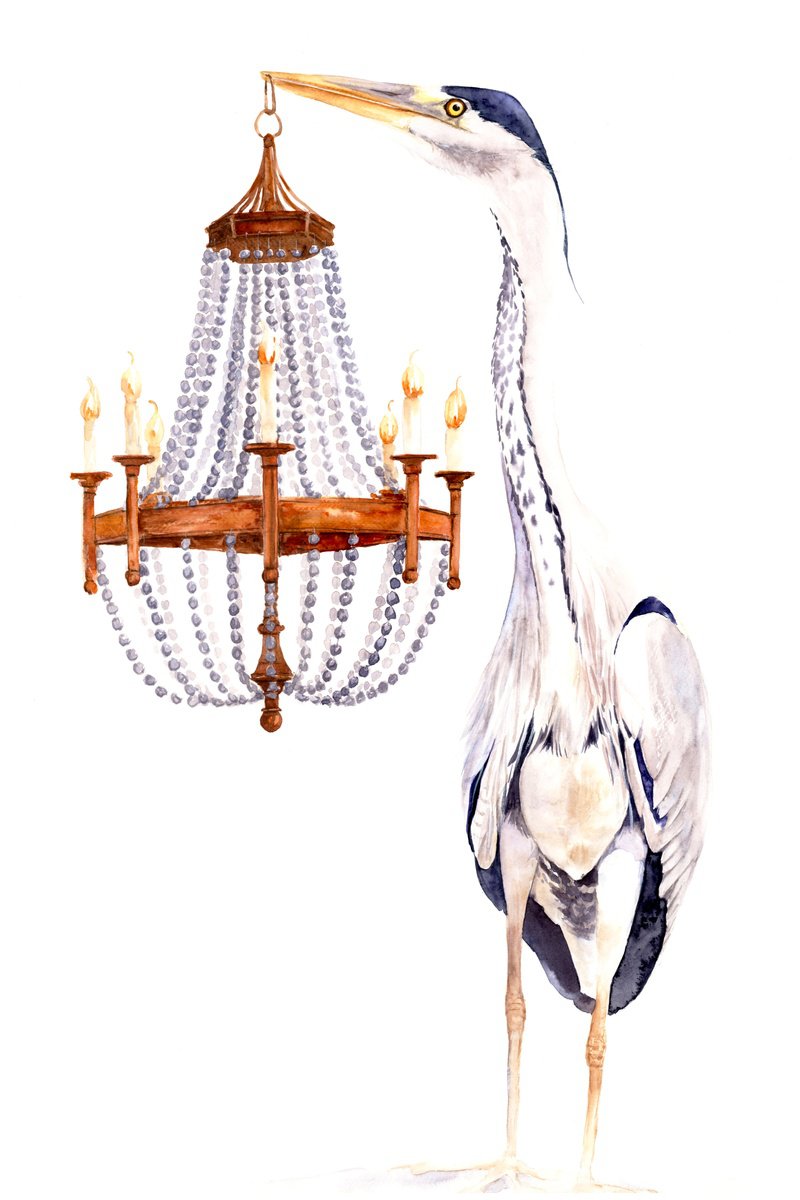 Surrealistic Animal Watercolour By Tetiana Savchenko, 20 X 28", The Elegant Heron Bird, Original Artwork