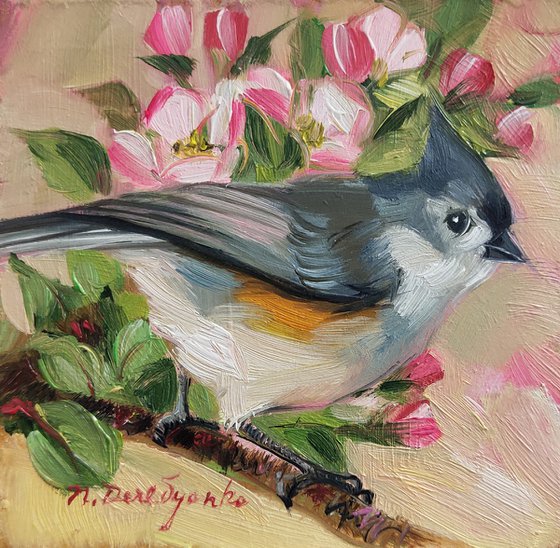 Bird on branch blossom oil painting small in green frame 4x4, Tufted titmouse painting miniature original