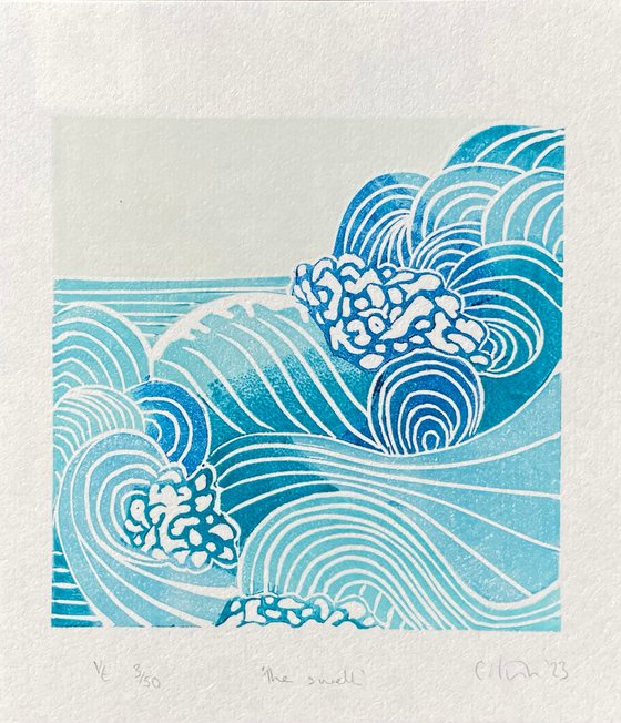 The swell  - Waves Linocut Print - Mini Print