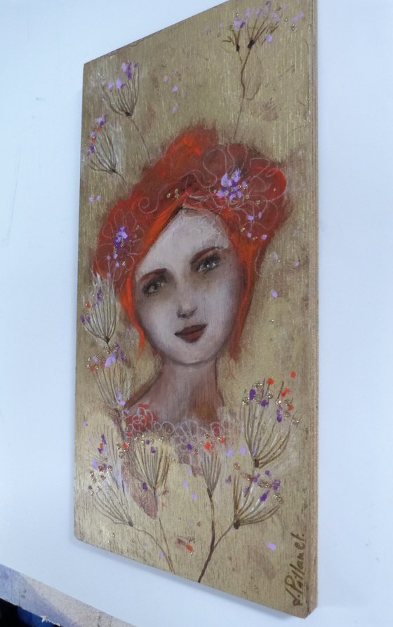 Sentimental 30 x 15 cm. Romantic redheaded woman on wood.