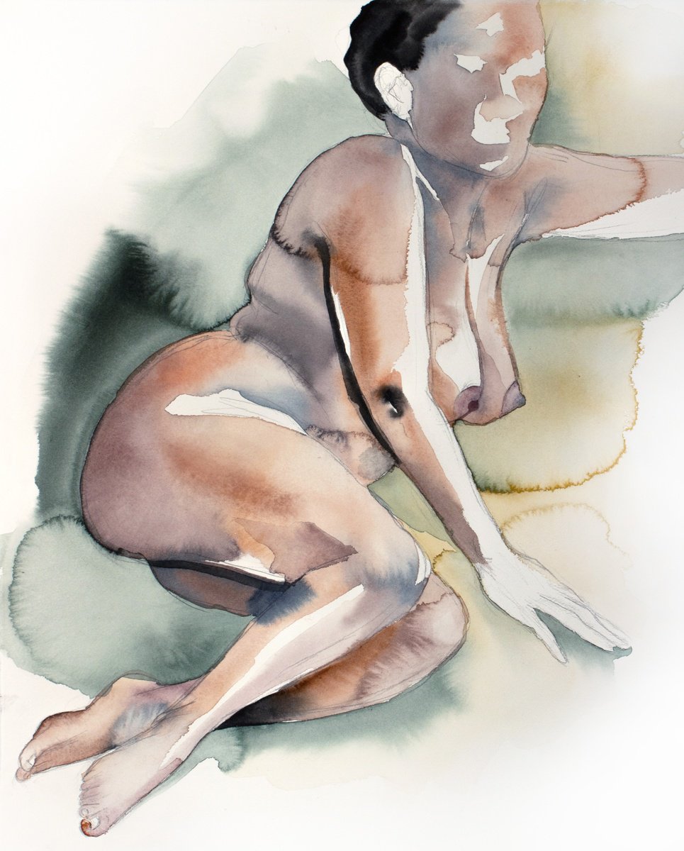 Expressive Portrait Watercolour By Elizabeth Becker, 16 X 20, Nude No. 113, Original Artwork
