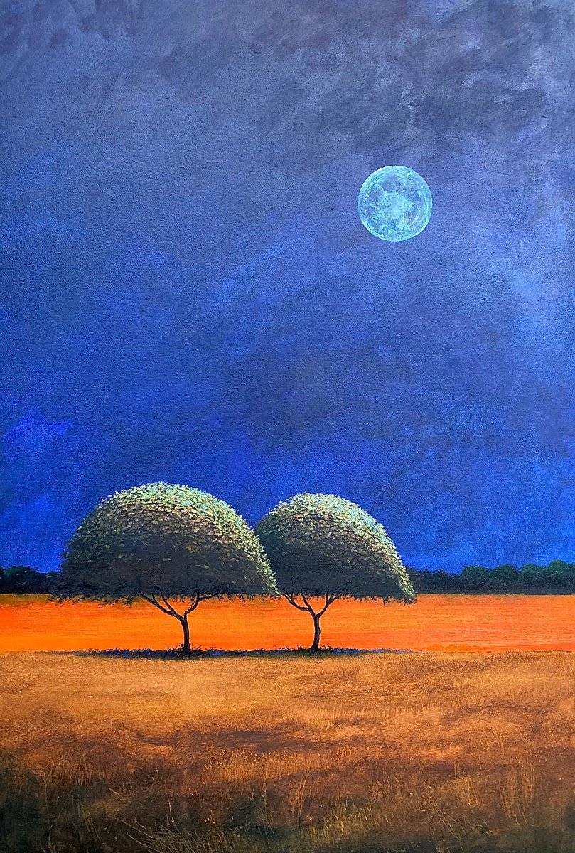 Surrealistic Landscape Oil Painting By Simon Jones, 24 X 36", 2 Trees Full Moon, Original Artwork