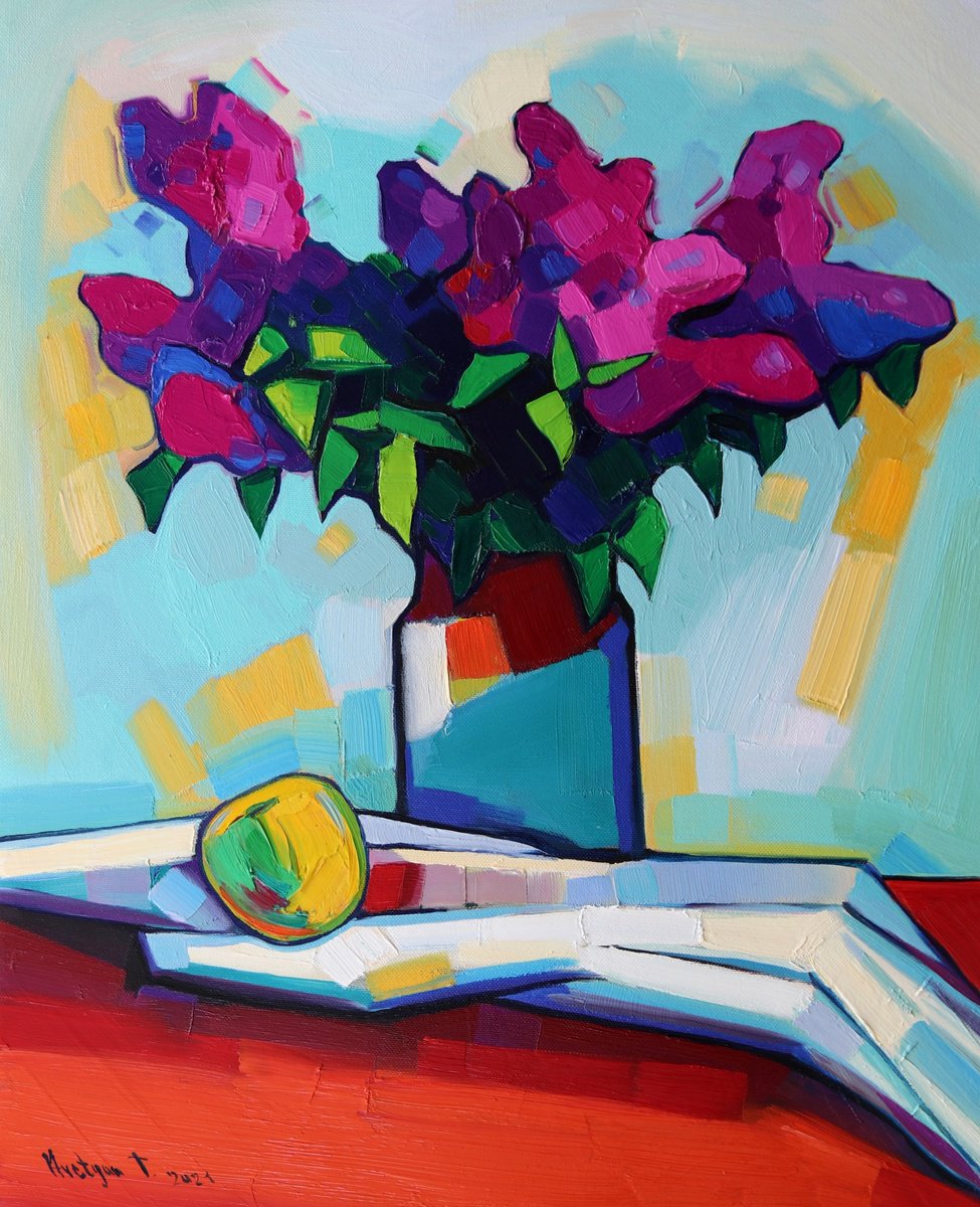 Expressive Still Life Oil Painting By Tigran Avetyan, 18 X 22", Lilac, Original Artwork
