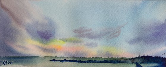 Cascais. Portugal sunset. Mini watercolor painting cute landscape sky impressionistic nature blue ocean sea