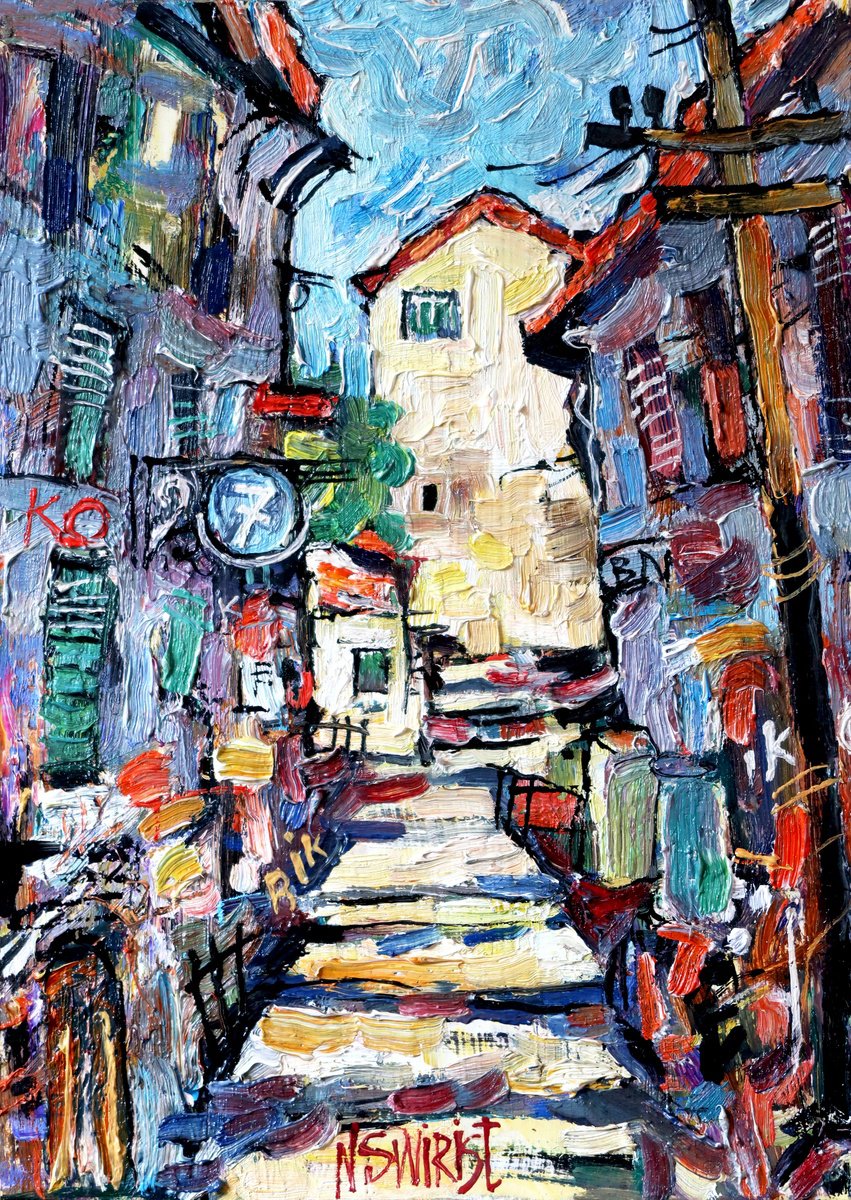 Impressionistic Cityscapes Oil Painting By Nikifor Swiristuhin, 10 X 14", Street. Skiathos., Original Artwork