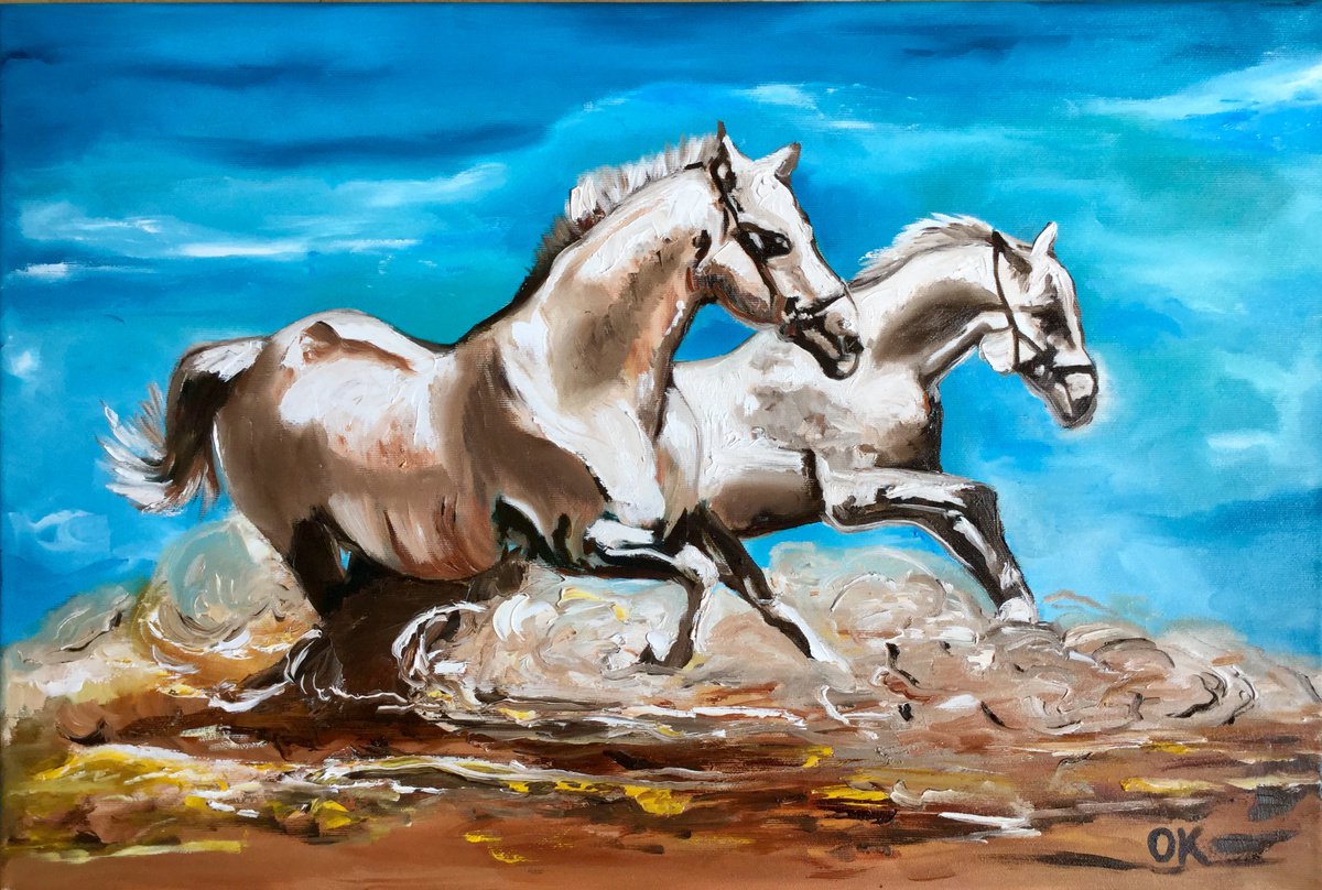Wild  horses couldn’t drag me away. Galloping horses, sunny day, blue sky, landscape by Olga Koval