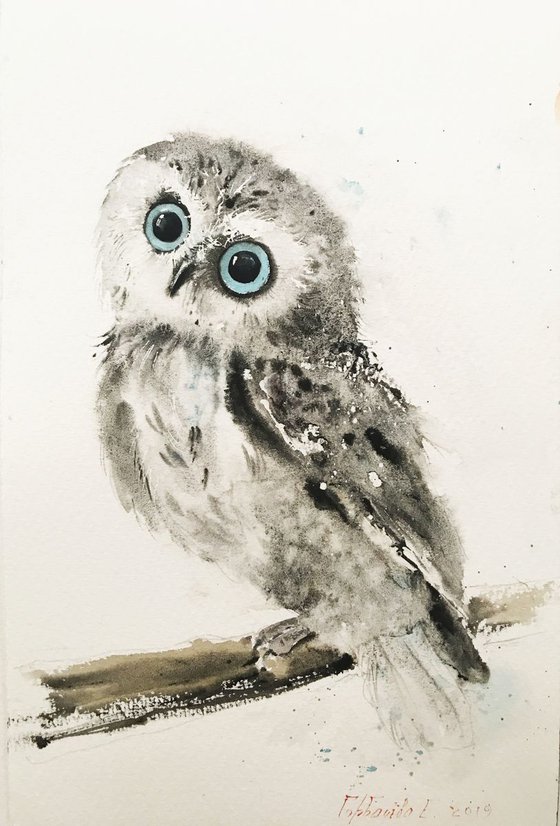 Little owl on a branch - 19 x 28 cm