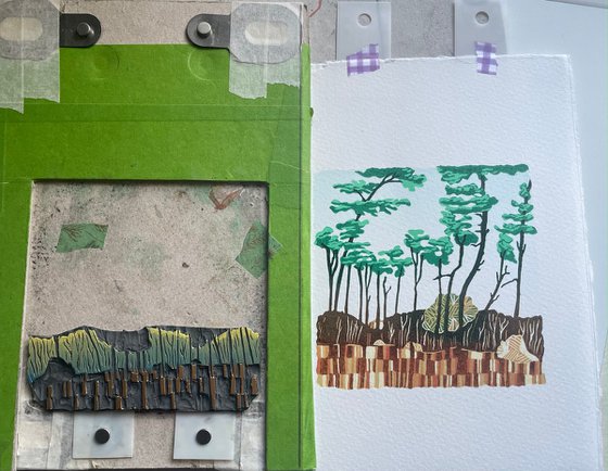 Sutton Hoo, woodland walk  - Tree Line Linocut Print - Mini Print