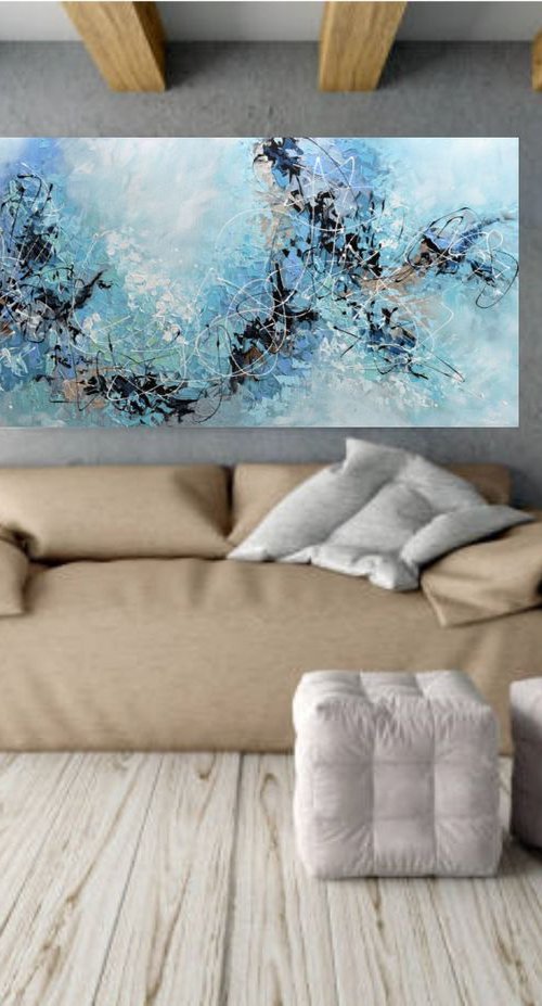 Morning Mist 24"x48" - Large Blue Acrylic  Abstract Painting by Olga Tkachyk