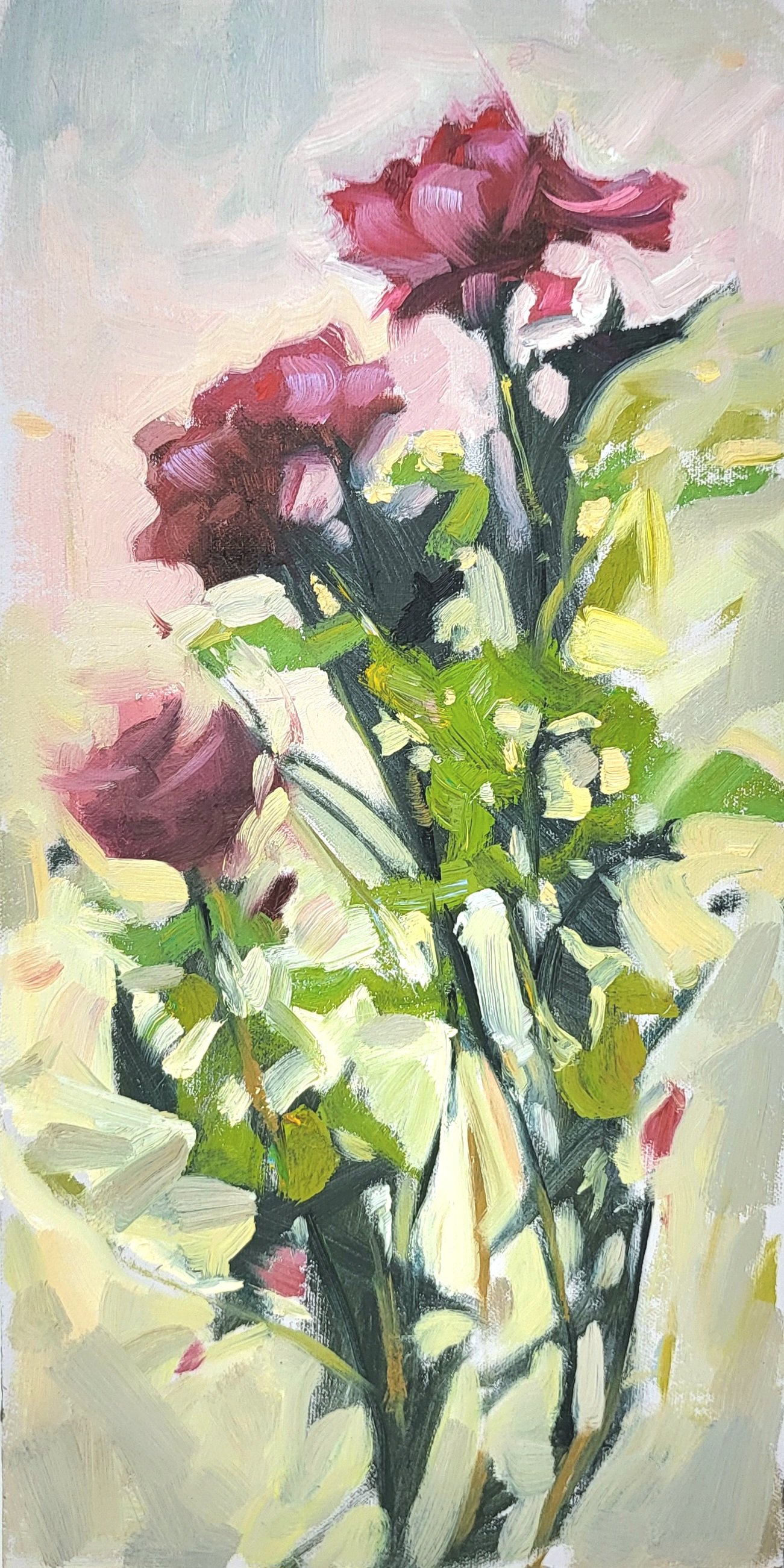 Impressionistic Botanical Oil Painting By Kristina Sellers, 8 X 16", Magenta Blooms, Original Artwork