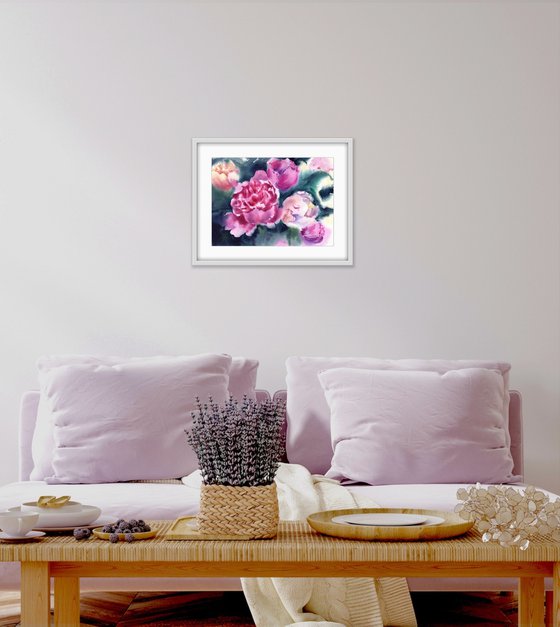 Blooming pink peonies. Original artwork.