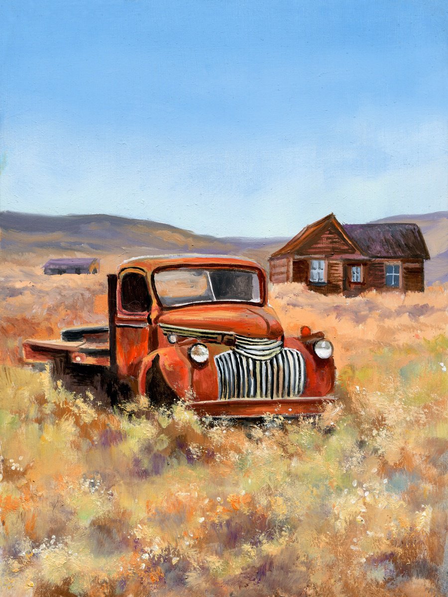 Photorealistic Landscape Oil Painting By Lucia Verdejo, 8 X 11", Abandoned Old Rusty Pickup Car, Original Artwork