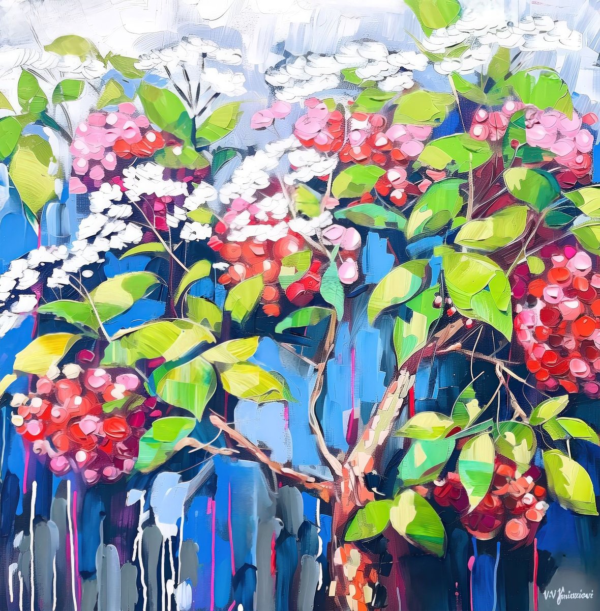 Abstract Botanical Acrylic Painting By V+V Kniazievi, 43 X 43", Blooming Gardens Of Hope #1, Original Artwork