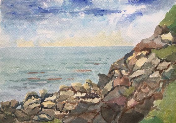 Rocky coastline, watercolour painting.