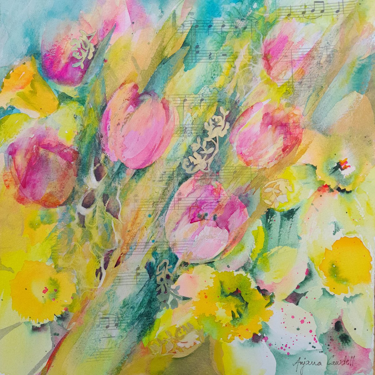 Spring painting, original watercolour, watercolor, tulips, daffodils by Anjana Cawdell