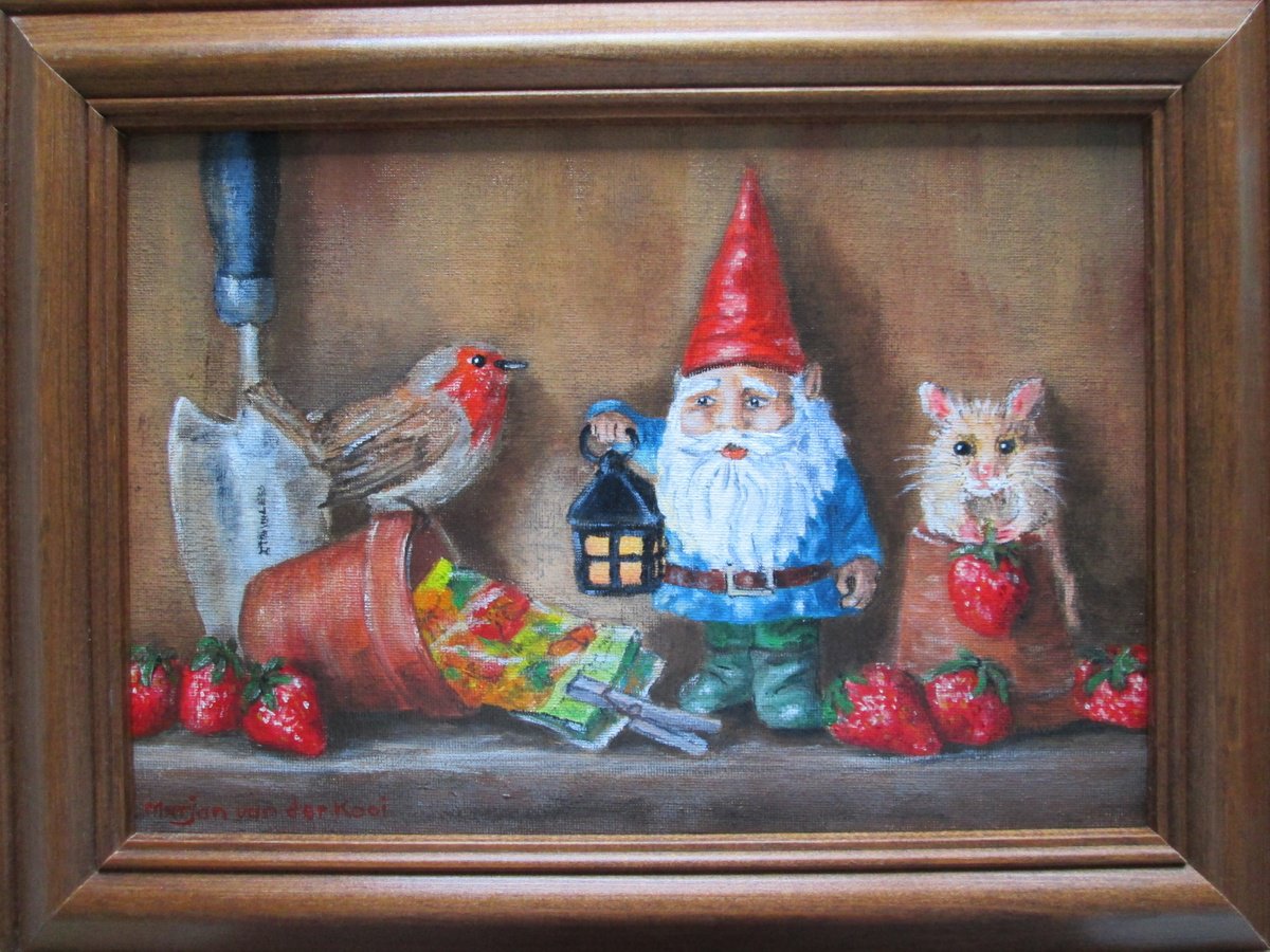 Photorealistic Animal Acrylic Painting By Marjansart, 15 X 11", Gnome, Mouse, Bird Garden Shed, Original Artwork