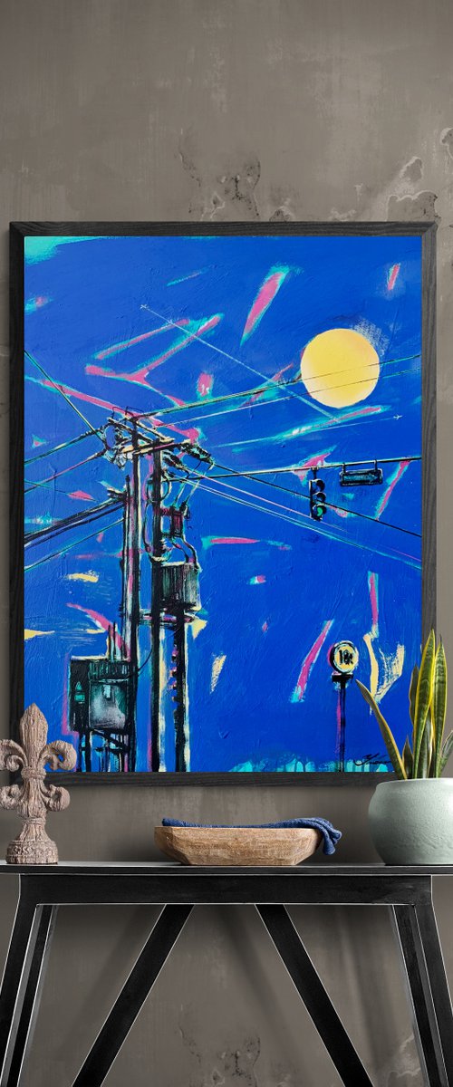 Urban painting - "Yellow moon" - Pop art - Bright - Street art - Electric pole - Urban - Sunset by Yaroslav Yasenev