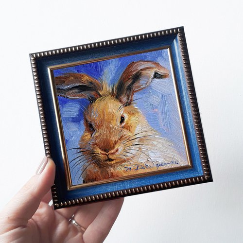 Cute rabbit painting original oil framed 4x4, Small framed art Dad rabbit artwork blue background by Nataly Derevyanko