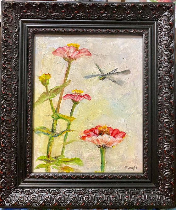 Dragonfly zinnias original oil painting on Gessoed Masonite 8x10