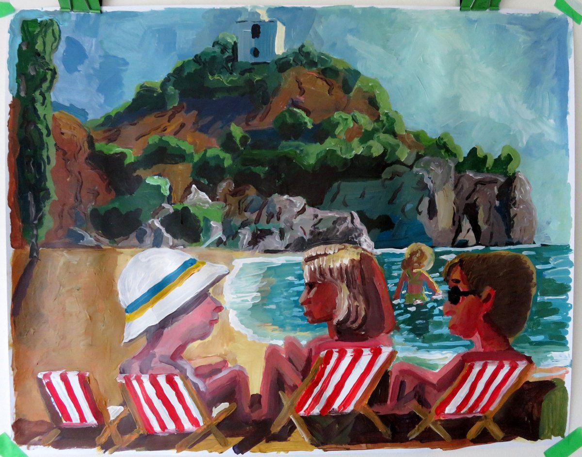 Impressionistic Landscape Acrylic Painting By Stephen Abela, 28 X 22", Mediterranean Beach Holiday, Original Artwork