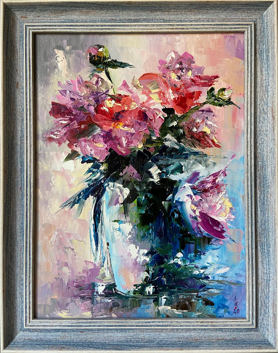Impressionistic Botanical Oil Painting By Liubov Kuptsova, 15 X 19", Red Flowers In Vase(Framed), Original Artwork