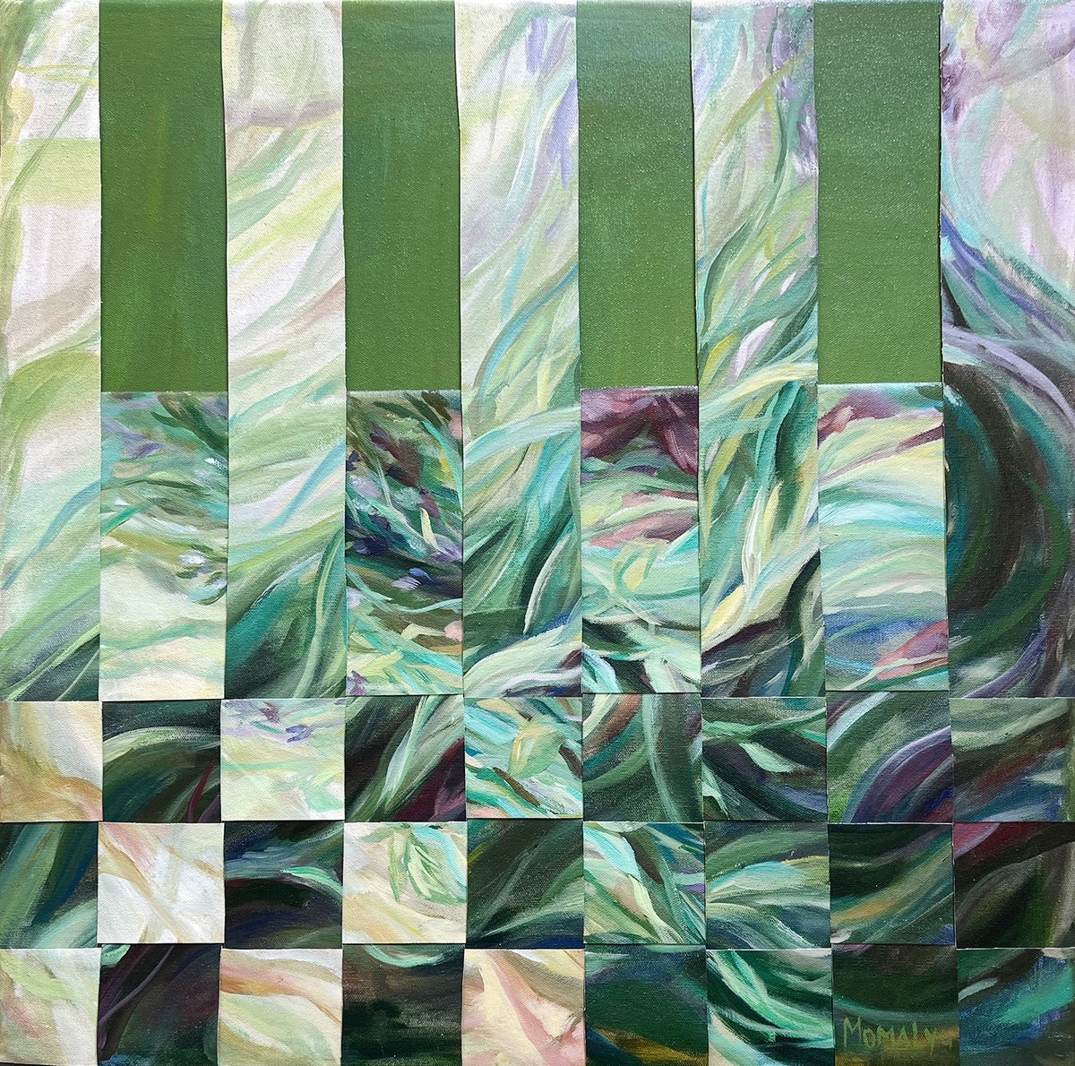 Geometric Botanical Oil Painting By Momalyu, 24 X 24", Path Of Mindful Steps, Original Artwork