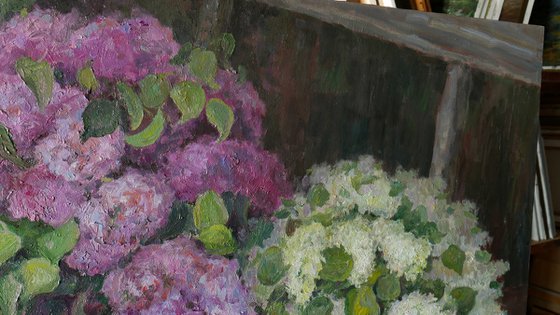 Lush Bouquets Of Lilacs On The Bench In The Garden - original floral spring oil painting on canvas