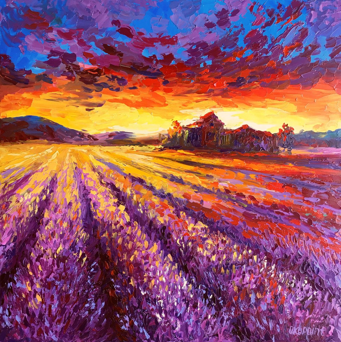 Expressive Landscape Oil Painting By Oxypoint, 20 X 20", "Sunset In A Lavender Field", Original Artwork