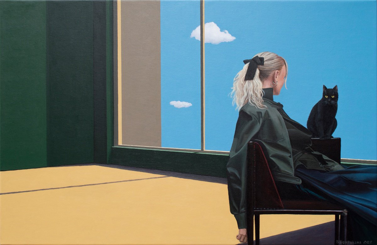 Photorealistic Portrait Acrylic Painting By Nataliya Bagatskaya, 39 X 26", The Cat Knows But Says Nothing, Original Artwork