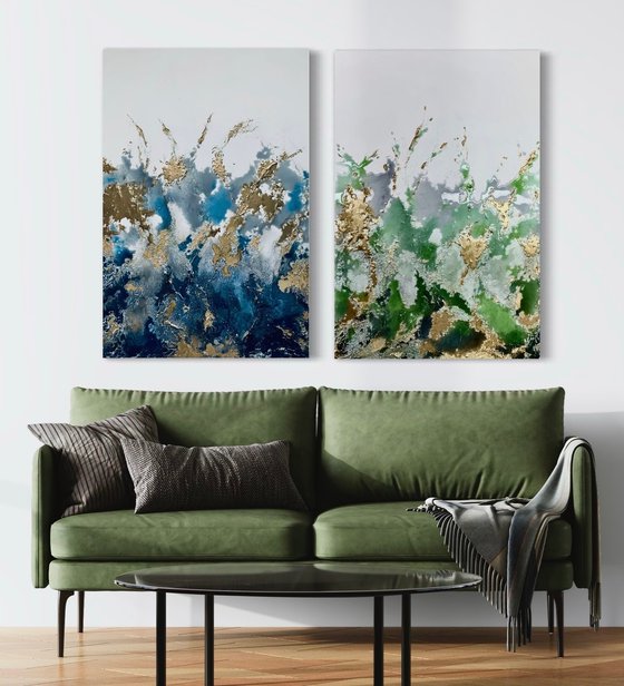 Sapphires And Emeralds - Abstract Diptych
