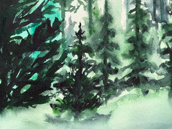 Pine Tree Art, Original Watercolor Painting, Forest Artwork, Mountain Wall Art, Christmas Gift