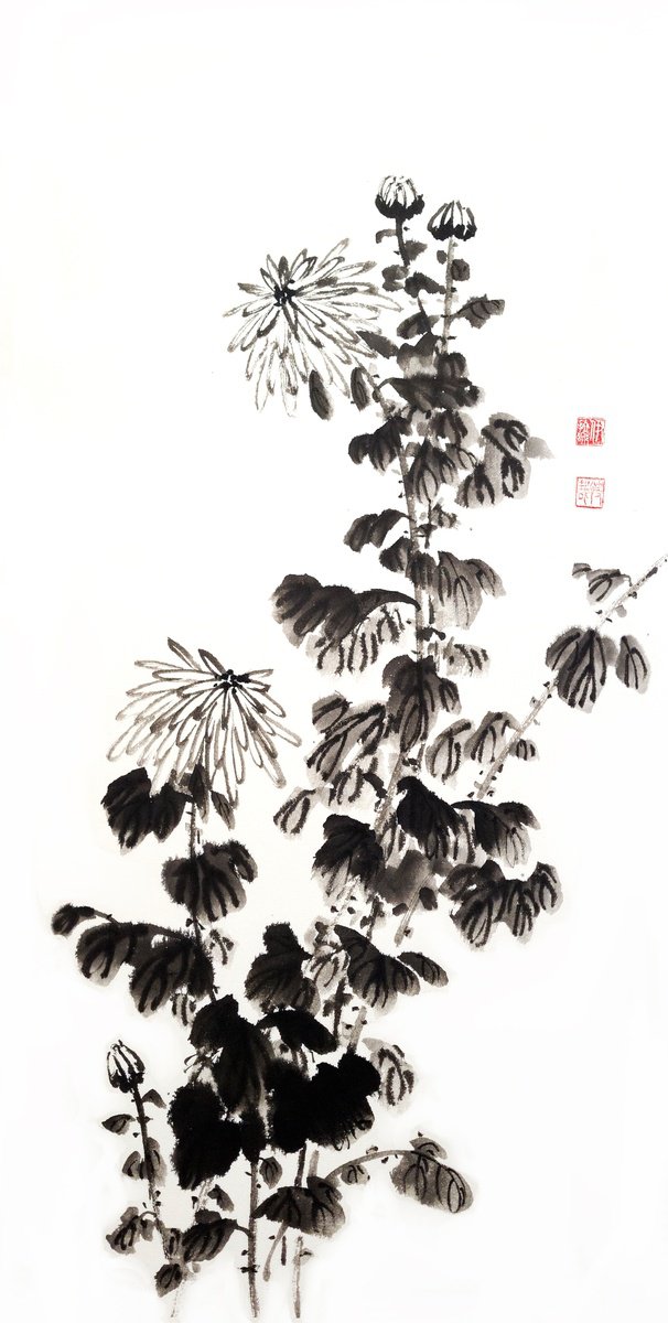 Ink monochromatic chrysanthemum - Oriental Chinese Ink Painting by Ilana Shechter