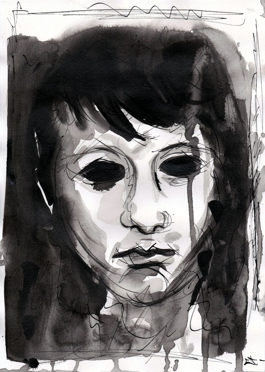 Expressive Portrait Ink Drawing By Lionel Le Jeune, 9 X 13", Child Portrait, Original Artwork