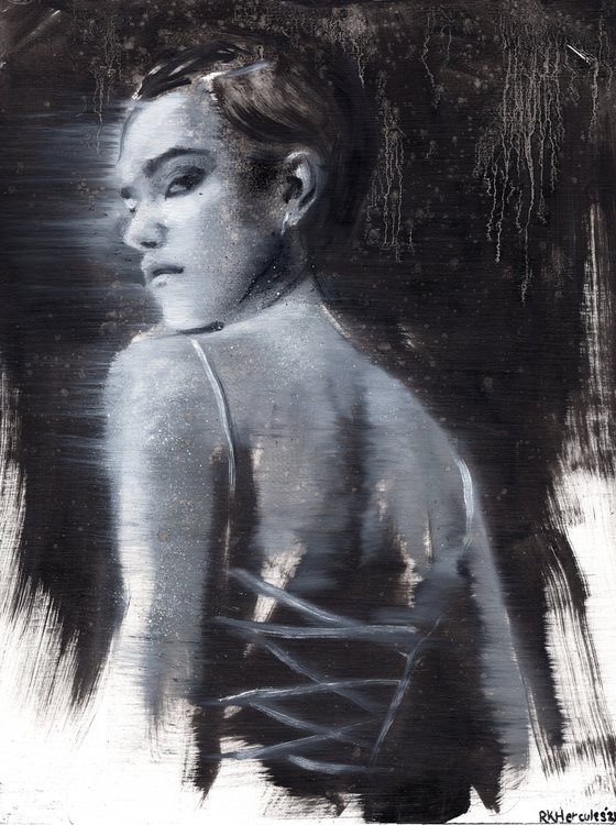 Emelia | Black and white shoulder woman oil painting on paper | beautiful powerful lady wearing nightwear