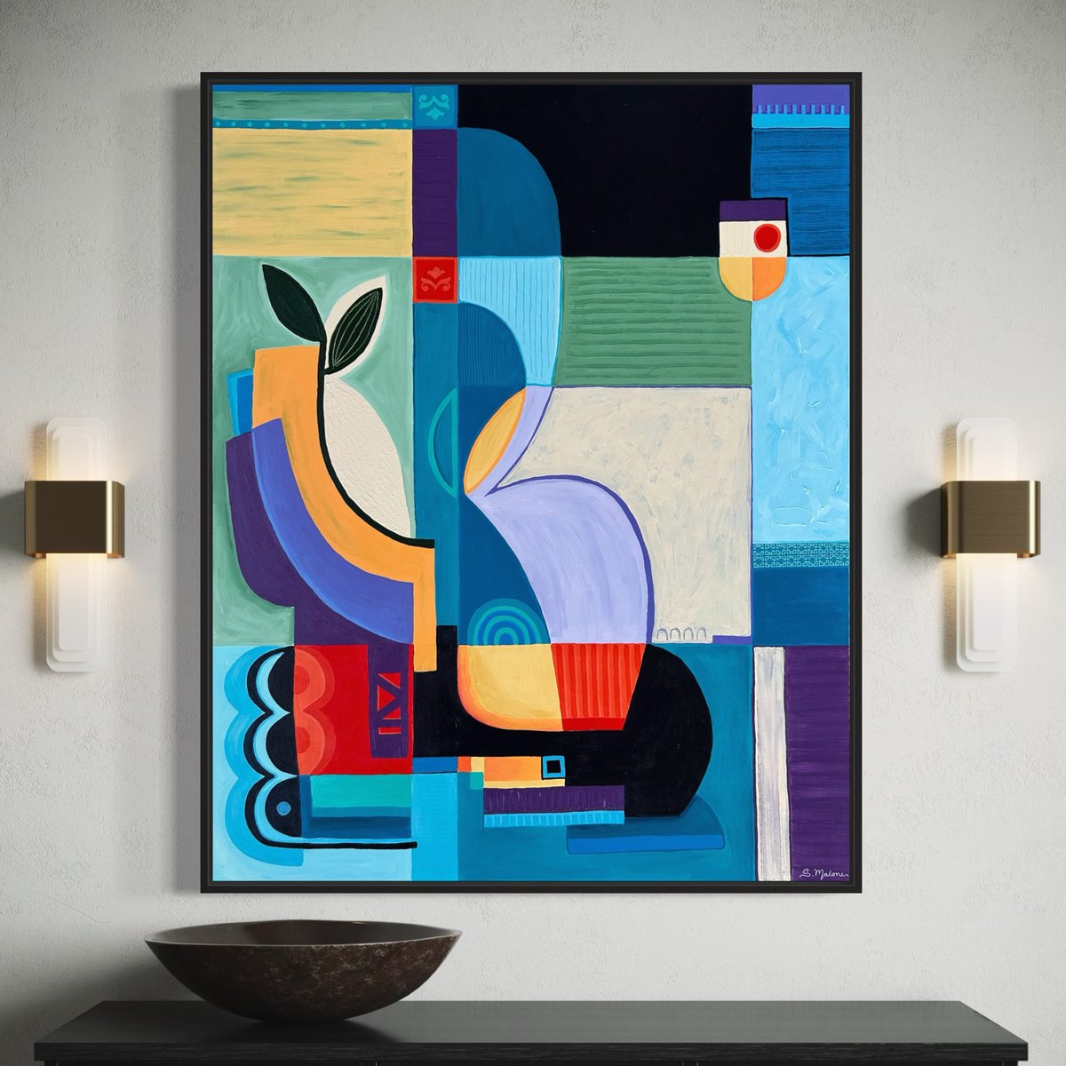 Abstract Acrylic Painting By Samantha Malone, 31 X 39", Assembled By The Sea, Original Artwork