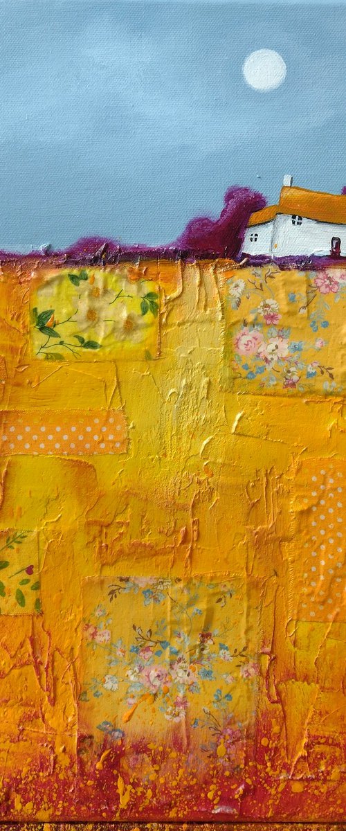 Little house on golden yellow patchwork field by Jane Palmer Art