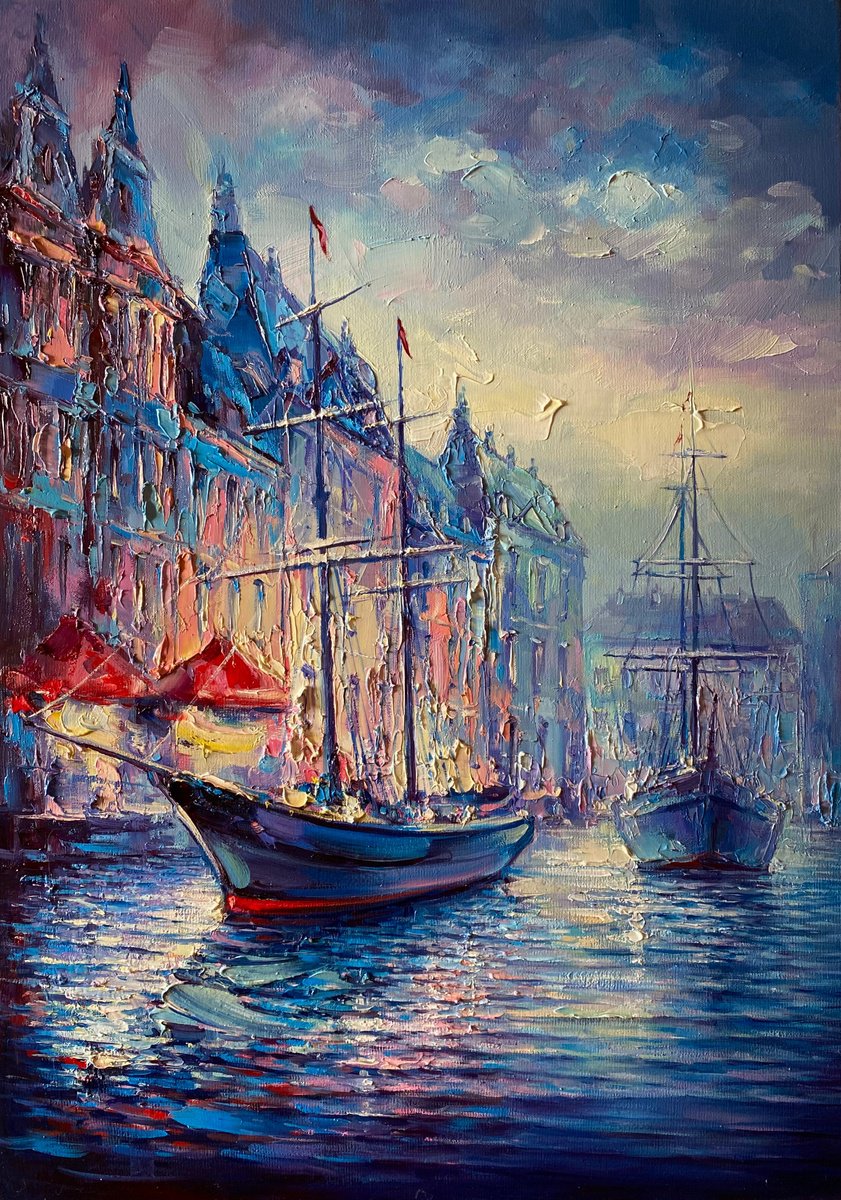 Night harborOriginal Oil painting on canvas 70x50 cm by Artem Grunyka