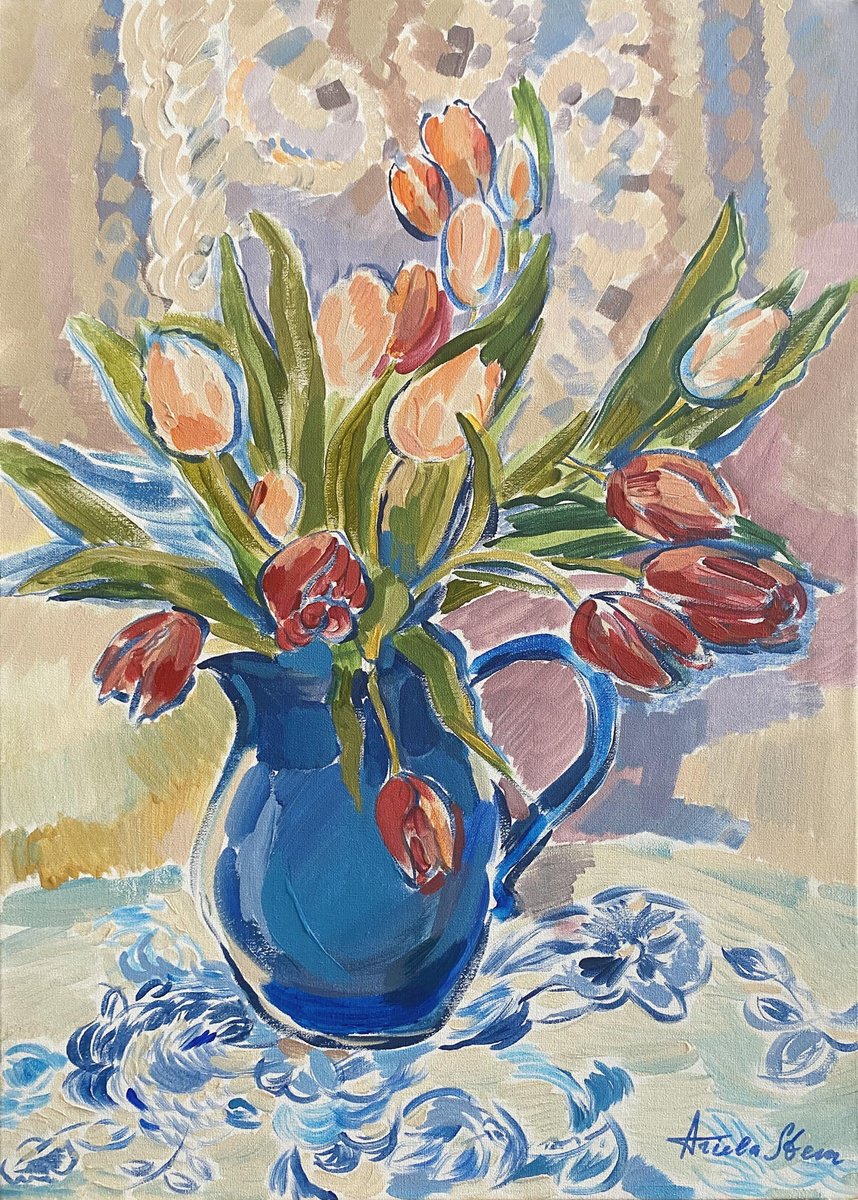 Impressionistic Painting , Tulips In A Blue Vase By Ariela Stem, 20 X 28, Artwork For Sale On Artfinder