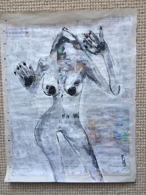 Pleasure on Newspaper Naked Woman Art Nude Portrait Sexy Woman 37x29cm Gift Ideas Original Art Modern Art Contemporary Painting Abstract Art For Sale Free Shipping