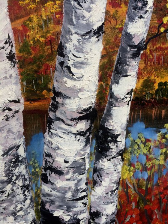 Autumn birches palette knife texture landscape