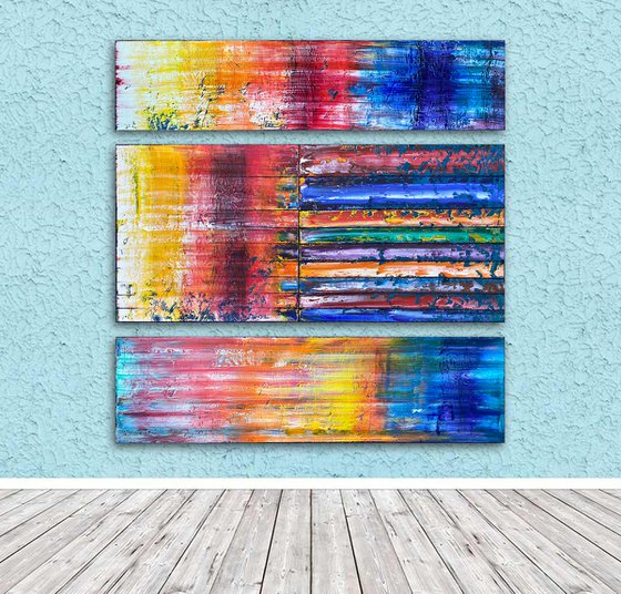 "Color Sandwich" - Original PMS Large Oil Painting Triptych on Recycled Wooden Panels - 48 x 46 inches