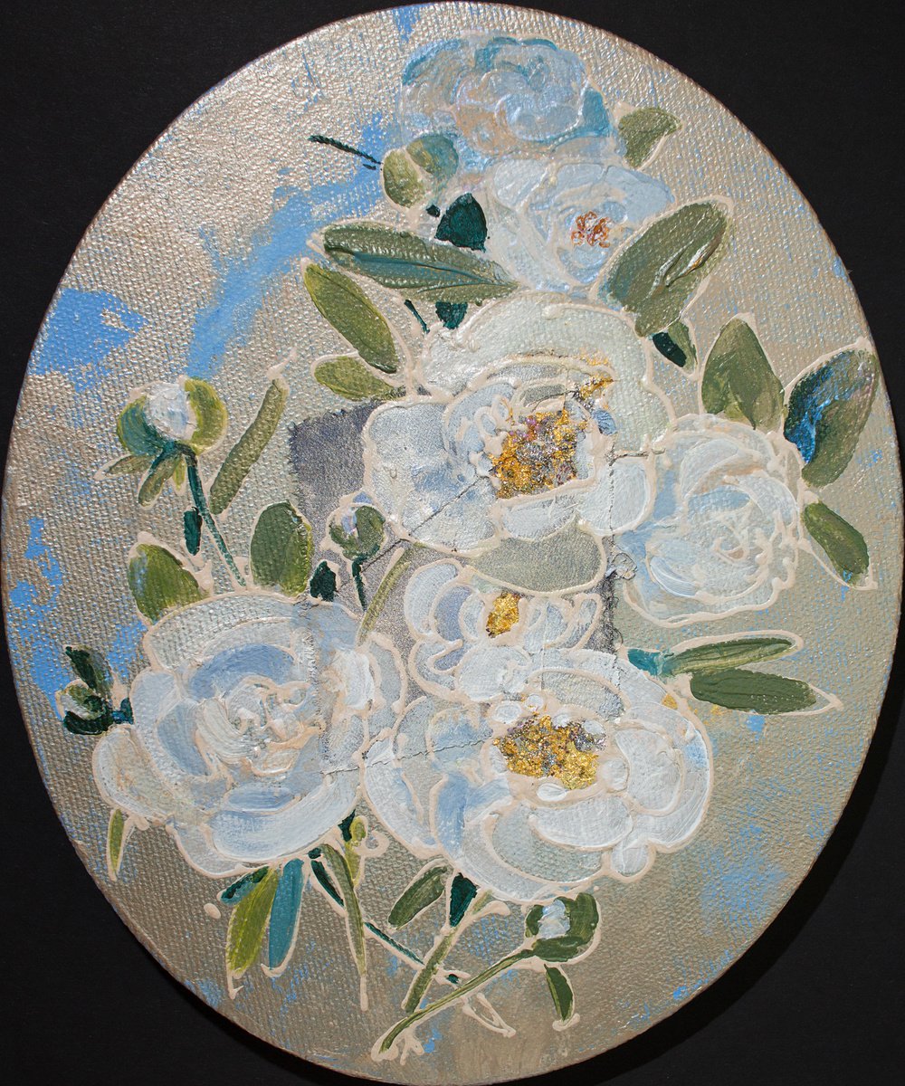 White peonies with golden hearts on pearly blue sky by Vlada Lisowska