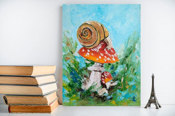 Snail Painting Mushroom Original Art Forest Landscape Artwork Animal Wall Art Oil Impasto Painting