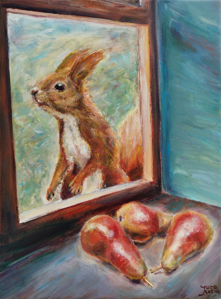 Photorealistic Animal Oil Painting By Jura Kuba Art, 12 X 16", Squirrel And Pears, Original Artwork