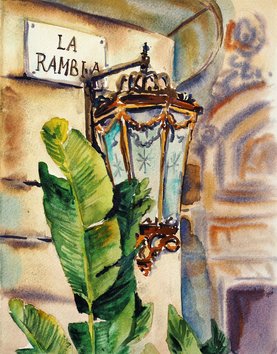 La Rambla - street in Barcelona, original watercolor
