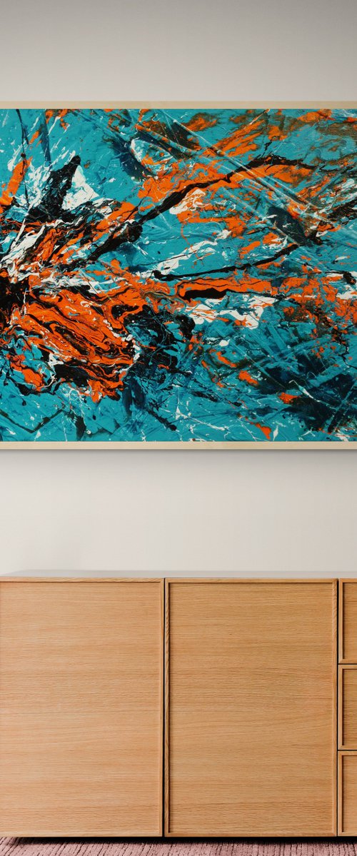 Teal and Tango 190cm x 100cm Teal Orange Textured Abstract Art by Franko