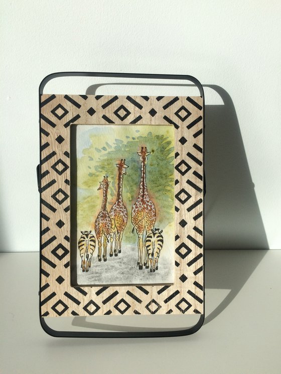 Animal drawing - Giraffes mixed media watercolor - Framed small artwork - Gift idea (2021)