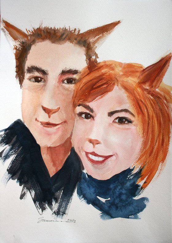 Couple of Foxes ... stilization / ORIGINAL WATERCOLOR PAINTING