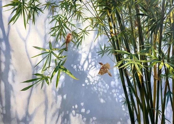 Realism oil painting:bamboo trees and birdies