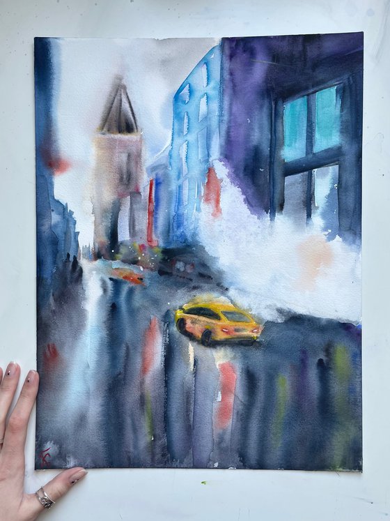 New York Watercolor Painting, Rainy City Original Artwork, NYC Artwork, Abstract Cityscape Art